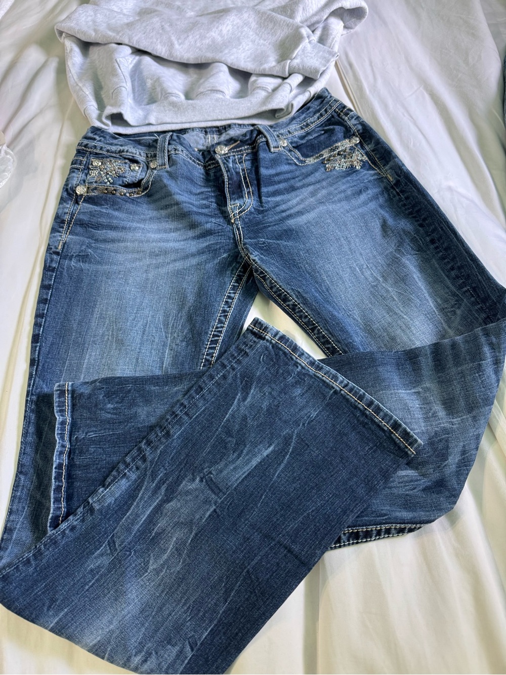 Miss Me Blue Boot Cut Jeans with Embellished Pockets Faded Wash